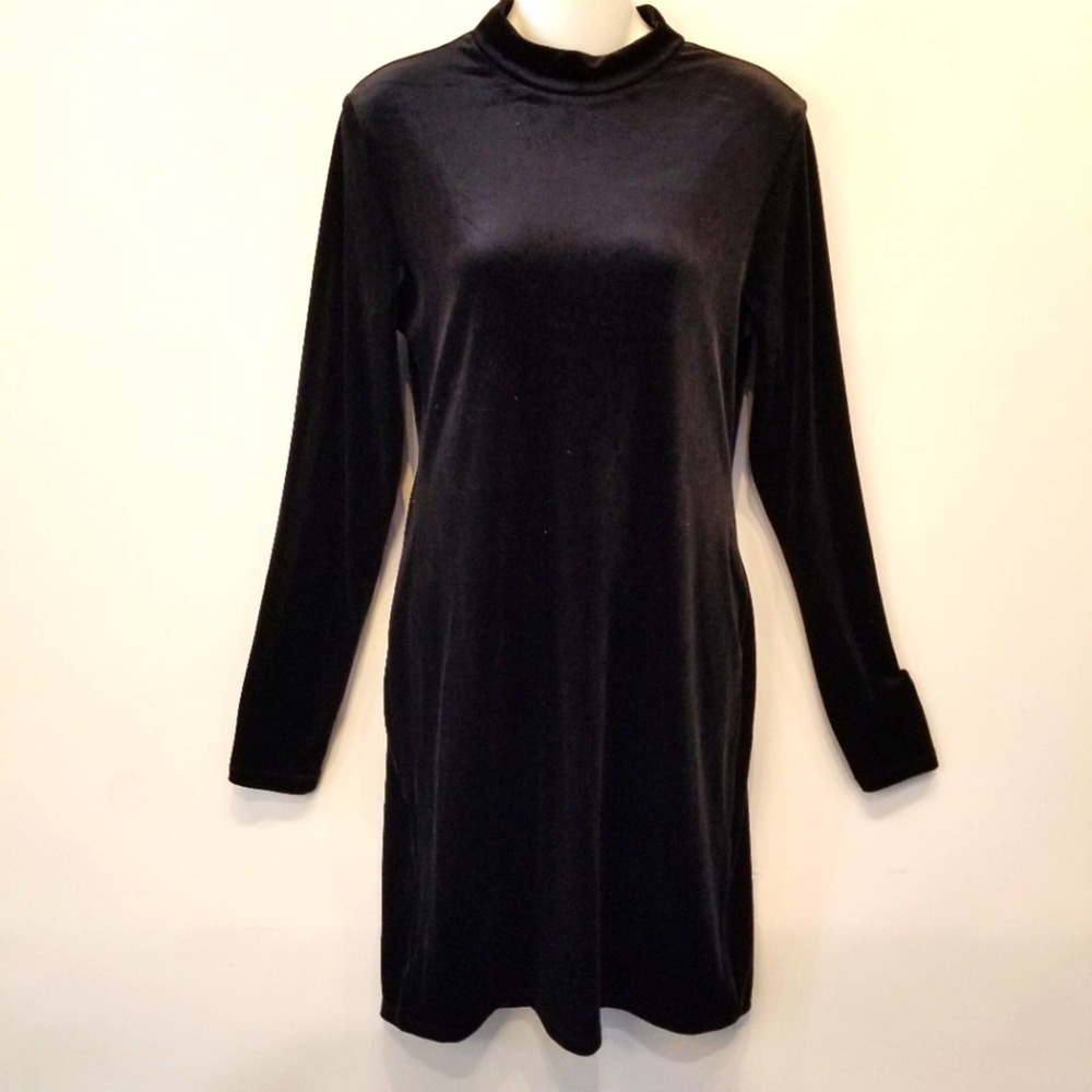 H&M Black Velvet Dress Bodycon Mock Turtle Stretch Dress Size M